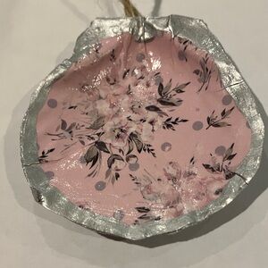 Handcrafted Shell Ornament Pink Floral Silver Metallic Decoupage